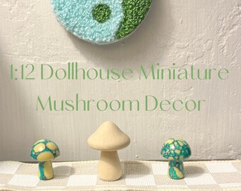 1:12 Dollhouse Miniature Wooden & Stone Mushroom Decor. Green and Yellow Natural Wood Home Decor Minis.