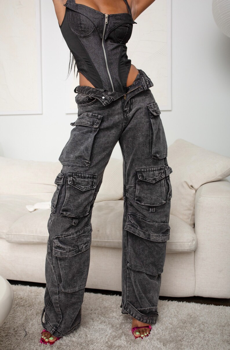 Gray Denim Cargo Pants for Women, Gray Baggy Pants, Multi Pockets Pants