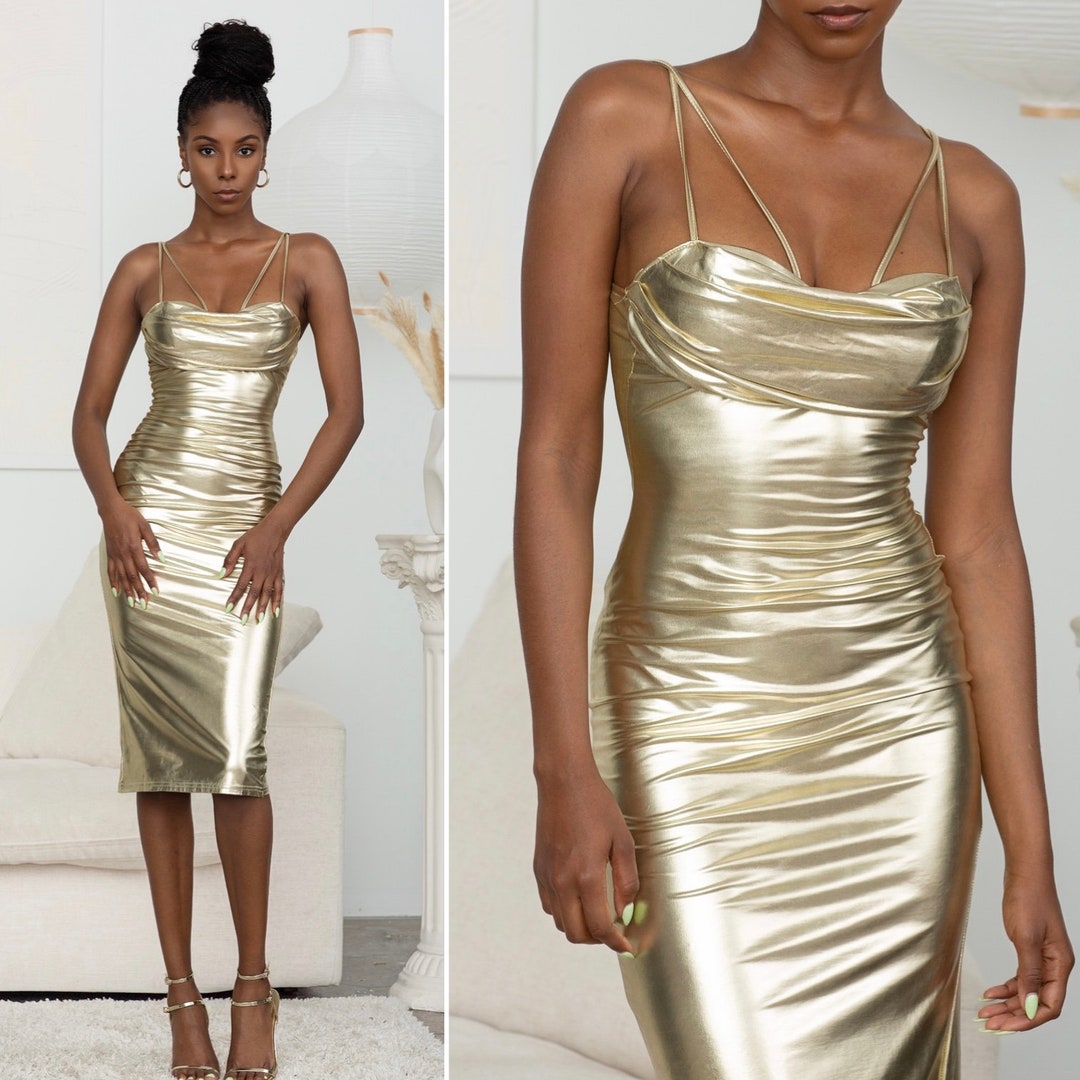 Gold Pleather Bodycon Midi Dress, Gold Shimmery Spandex Dress for Women ...