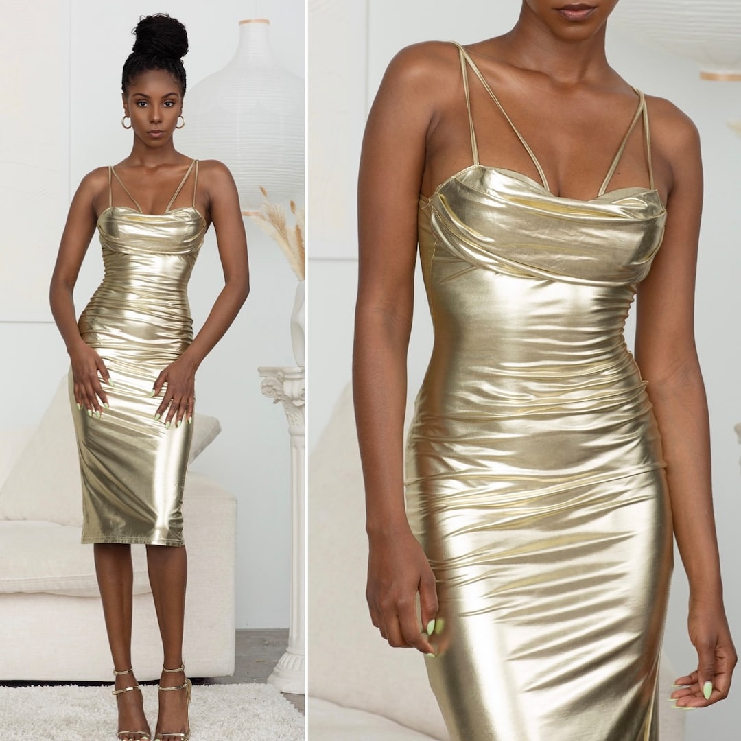 Gold Pleather Bodycon Midi Dress, Gold Shimmery Spandex Dress for Women