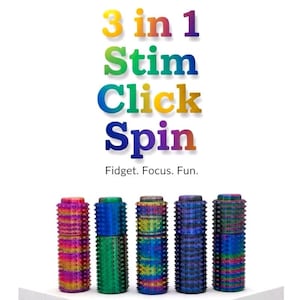 May include: A selection of multi-coloured fidget toys with the text "3 in 1 Stim Click Spin" in rainbow hues. The toys are cylindrical with textured surfaces and are arranged on a white surface. The text "Fidget. Focus. Fun." is below the text.