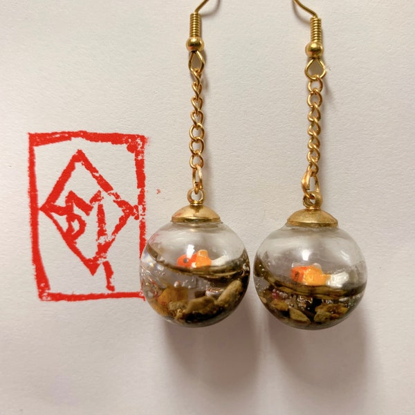 Handmade tiny resin goldfish fishbowl orb pendant earrings