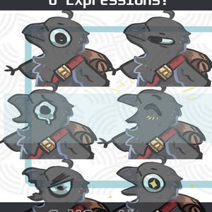 May include: Six different expressions of a cartoon crow with a backpack. The crow is gray with a black beak and eyes. The crow is wearing a red and gold belt. The background is white with a light blue pattern.