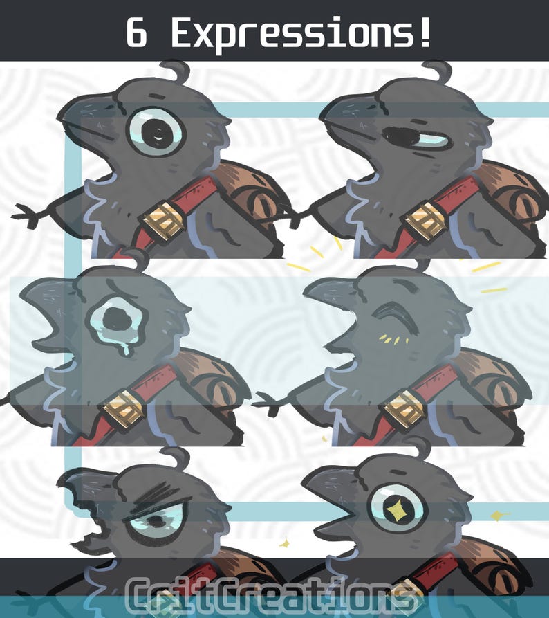 May include: Six different expressions of a cartoon crow with a backpack. The crow is gray with a black beak and eyes. The crow is wearing a red and gold belt. The background is white with a light blue pattern.