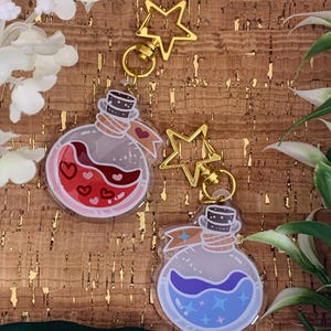 May include: Two potion bottle keychains with gold star clasps. One bottle contains red liquid with heart shapes, the other blue liquid with star shapes. Both have a cork top and a banner.