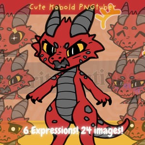 Puede incluir: Ilustración de un dragón rojo de dibujos animados con detalles grises y varias expresiones. El texto "Cute Kobold PNGTuber" y "6 Expressions! 24 images!" son visibles.
