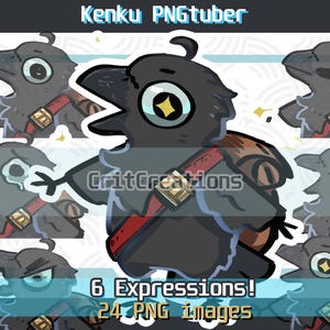 May include: A cartoon crow with a red and gold strap across its chest. The crow has a large, round eye with a yellow star in the center. The crow is looking to the right. The image is surrounded by a white border with a blue and white pattern. The text "Kenku PNGtuber" is at the top of the image. The text "6 Expressions! 24 PNG Images" is at the bottom of the image.