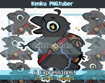 May include: A cartoon crow with a red and gold strap across its chest. The crow has a large, round eye with a yellow star in the center. The crow is looking to the right. The image is surrounded by a white border with a blue and white pattern. The text "Kenku PNGtuber" is at the top of the image. The text "6 Expressions! 24 PNG Images" is at the bottom of the image.