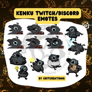 May include: A collection of Kenku Twitch/Discord emotes featuring various expressions of a cartoon crow character. The emotes are in black, gray, and white, with some accents of red and yellow. Text on the image reads "KENKU TWITCH/DISCORD EMOTES" and "BY CRITCREATIONS."