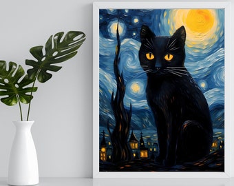 猫の星月夜 猫の壁アート モダンな室内装飾 印刷可能な壁装飾 ゴッホ猫 猫好きの方へのギフトアイデア 面白いギフト 星月夜ポスター