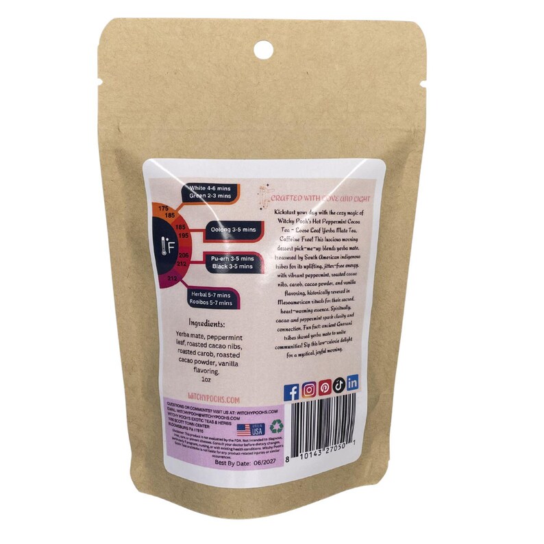 Peut inclure: Un sachet en papier brun avec une &eacute;tiquette blanche contenant du texte et des graphiques. L'&eacute;tiquette indique des ingr&eacute;dients comme le yerba mat&eacute; et la menthe poivr&eacute;e. Le sachet est scell&eacute;.