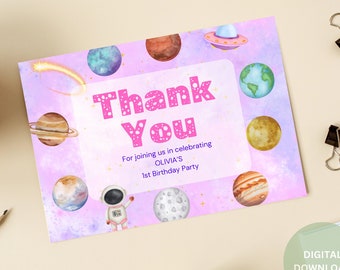 First Trip Around the Sun Thank You Card Editable Pink & Purple Instant Download Outer Space 1st Birthday Girl