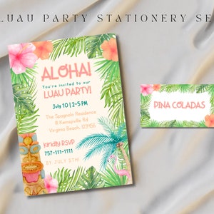 Uitnodiging voor feest van Luau en plaatskaarten, briefpapierset voor Luau-evenement, tropische bewerkbare Evite, Hawaiiaanse aquarel, digitale download van canva