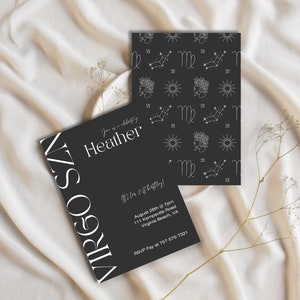 Virgo Season Birthday Invitation, Zodiac Horoscope Editable, Birthday Party Invite, Themed Event, Constellation Pattern, Canva Template