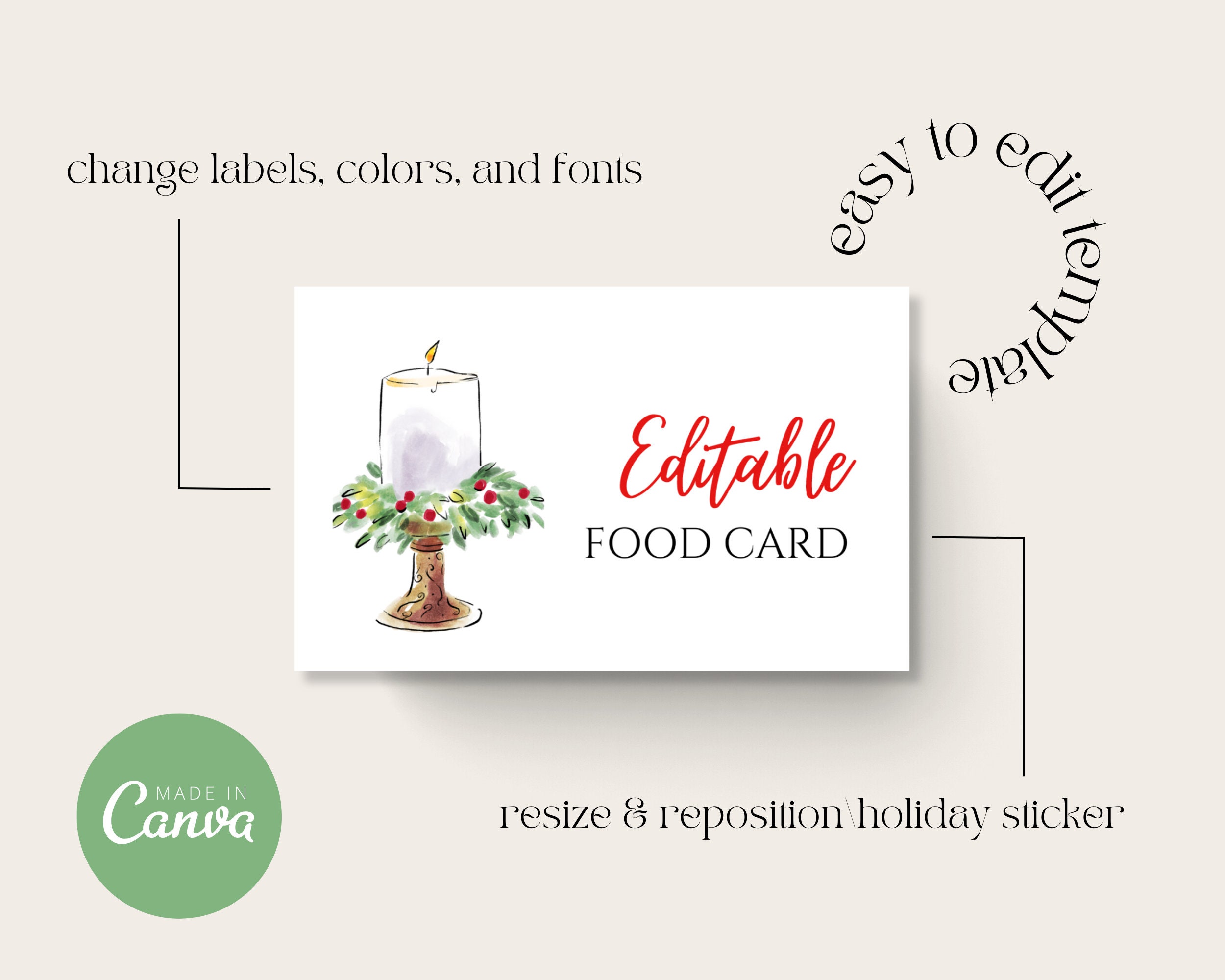 Editable Food Card Template, Printable Christmas Buffet Labels, Holiday Editable Food Card Template, Printable Christmas Buffet Labels, Holiday