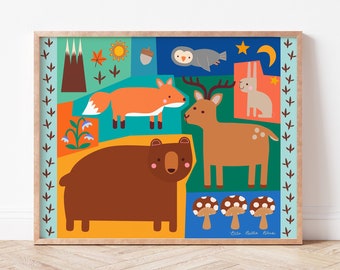 Ours et amis des bois, décor de crèche et de chambre d’enfants, illustration d’animaux des bois, art mural coloré.