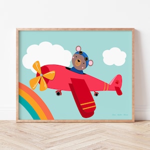 Orso dell'aeroplano, arte dell'asilo nido dell'orso, arredamento della camera da letto per bambini, illustrazione dell'aereo, arte della parete del ragazzo, orsacchiotto carino, poster stampabile dell'orso in aereo immagine 1