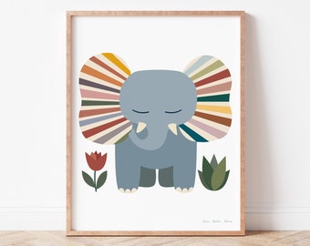 Éléphant de safari bohème, décoration animal mignon pour enfants, art mural pour chambre de bébé, animaux sauvages à imprimer, sexe neutre, gros félin, Afrique, oreilles arc-en-ciel