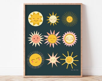 Happy Suns Cute Wall Art for Girls Nursery or Bedroom, Printable Decor, Playroom Art, Pink and Yellow with Dark Teal Background