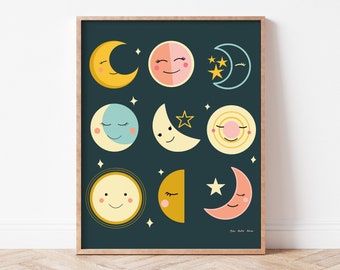 Happy Moons Cute Wall Art for Girls Nursery or Bedroom, Printable Decor, Playroom Art, Pink and Yellow with Dark Teal Background