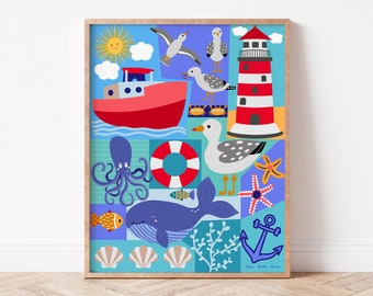 Art de pépinière nautique mer et soleil, décor de chambre pour enfants, imprimable numérique, illustration de la vie marine, art mural de chambre de garçon