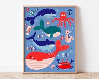 Sea Life Fun Children’s Room Decor Download, Ocean Themed Nursery Wall Art, Boy Room Decor, Sea Animals Illustration, Printable