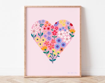 Flower Heart, Light Pink Floral Heart Wall Art, Nursery Printable, Girl Wall Decor, Soft Pink Poster, Girl Decor, Flower Garden Art