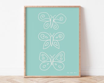 Trois papillons, menthe, art mural minimaliste pour chambre de bébé, illustration simple pour chambre de bébé ou de fille.