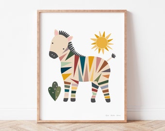 Boho Safari Zebra, Décor pour enfants d’animaux mignons, Art mural de pépinière, Imprimables d’animaux sauvages, Neutre en matière de genre, Afrique, Rayures arc-en-ciel