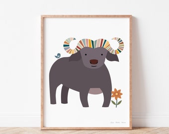 Boho Safari African Buffalo, Cute Animal Children’s Decor, Nursery Wall Art, Wild Animals Printables, Gender Neutral, Rainbow Stripes