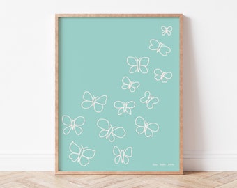 Mint Line Butterflies, Minimalist Nursery Wall Art, Simple Illustration for Nursery or Girls Bedroom.