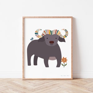 Boho Safari African Buffalo, Cute Animal Childrens Decor, Nursery Wall Art, Wild Animals Printables, Gender Neutral, Rainbow Stripes image 1