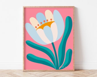 Fleur moderne simple, art mural rose, illustration de fleur, décoration rose moyen, impression gaie