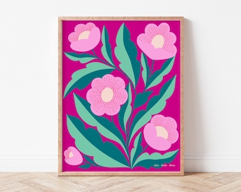 Imprimé fleurs modernes fuchsia, art mural violet, fleurs à imprimer, décoration florale, illustration lumineuse et colorée