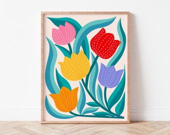 Cinq tulipes lumineuses, art mural floral, impression numérique, illustration colorée, décoration moderne