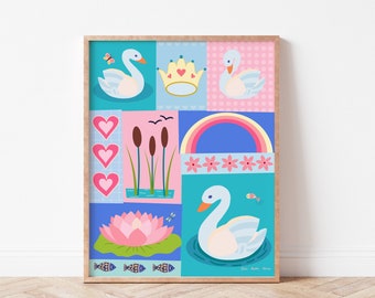 Swans Girl Nursery Decor, Toddler Wall Art, Childrens Bedroom Printable, Pink Princess Swan Theme