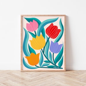 Fünf helle Tulpen, Blumenwandkunst, digitale Druckvorlage, bunte Illustration, modernes Dekor Bild 1