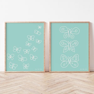 Mint Butterflies Set, Line Art, Minimalist Nursery Wall Art, Simple Illustration for Nursery or Girls Bedroom. image 1