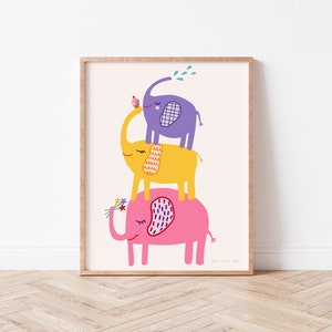 Elephant Stack Wall Art, Three Elephants, Nursery Decor, Printable Girls Room Animal Art image 1