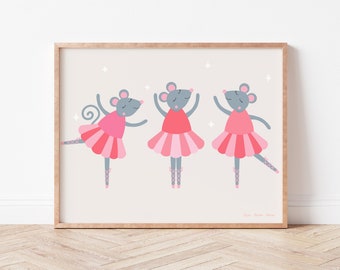 Dancing Mice Nursery Wall Art, Mouse Ballet, Girl Bedroom Imprimable, Décor de chambre d’enfant, Illustration de souris mignonnes