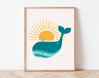 Whale And The Sun nautical print for children’s room, colorful wall art, gender neutral picture, nursery decor, cute printable.