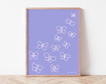 Papillons aux lignes violettes douces, art mural minimaliste pour chambre de bébé, illustration simple pour chambre de bébé ou de fille.