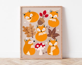 Woodland Foxes Wall Decor Printable, Neutral Nursery Art, Children’s Room Decor, Animal Print, Gender Neutral Illustration, Forest Animals.