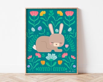 Garden Bunny  Cute Children’s Wall Art, Folksy Nursery Decor, Rabbit Animal Illustration, Girls Room Printable, Sleepy Bunny and Flowers