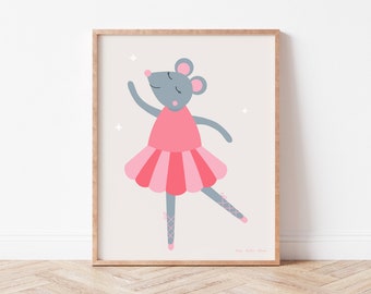 Dancing Mouse No 3 Nursery Wall Art, Mouse Ballet, Girl Bedroom Imprimable, Décor de chambre d’enfant, Illustration mignonne de souris