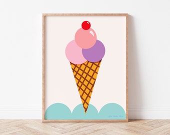 Ice Cream Dream Wall Decor, Food Illustration, Pastel Colors, Fun Wall Art