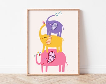 Elephant Stack Wall Art, Three Elephants, Nursery Decor, Printable Girls Room Animal Art