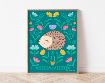 Garden Hedgehog Cute Children’s Wall Art, Folksy Nursery Decor, Animal Illustration, Girls Room Printable, Garden Flowers and Hedgehog