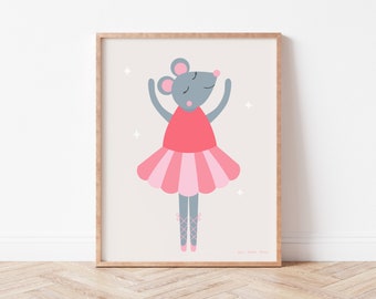 Dancing Mouse No 2 Nursery Wall Art, Mouse Ballet, Girl Bedroom Imprimable, Décor de chambre d’enfant, Illustration mignonne de souris