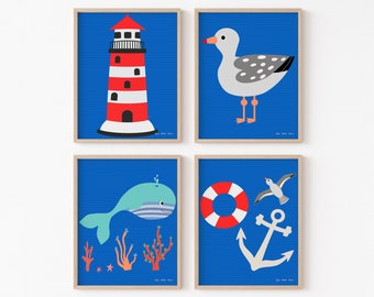 Ensemble d'illustrations de décoration de chambre d'enfant sur la côte, phare, ancre, baleine et mouette, affiche de chambre à imprimer pour garçon